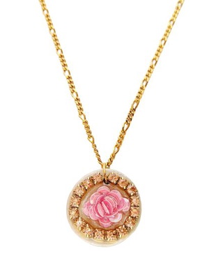 Handmade Long Necklace Pink Flower Polymer Clay With Steel Chain