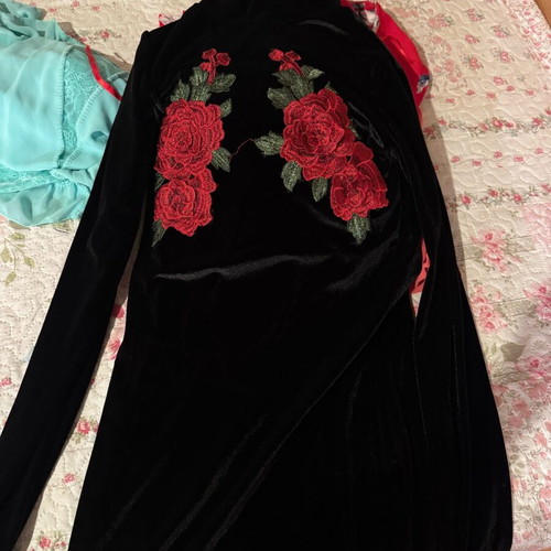 Velvet dress black with red rose embroidery like new