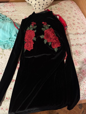 Velvet dress black with red rose embroidery like new
