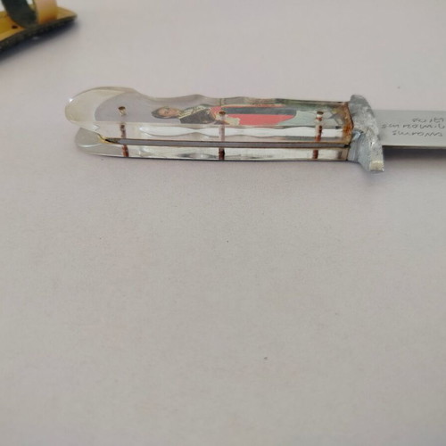 Traditional Cretan decorative souvenir knife with engraved mantinada on blade