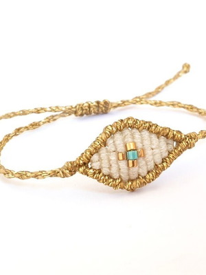 Βραχιόλι μάτι χρυσό και λευκό μακραμέ με σταυρό από χάντρες miyuki νέο