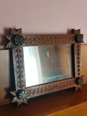 Tramp Art Mirror pristine hand-carved vintage folk art