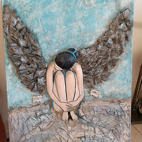 Canvas painting with handmade clay wings, new, 0.80×0.60 m
