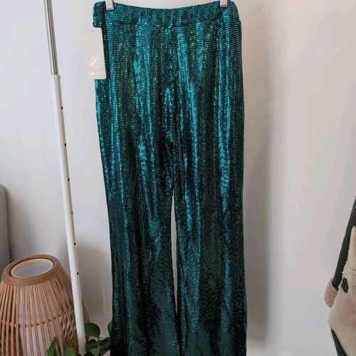 Shiny pants new with elastic waist, green