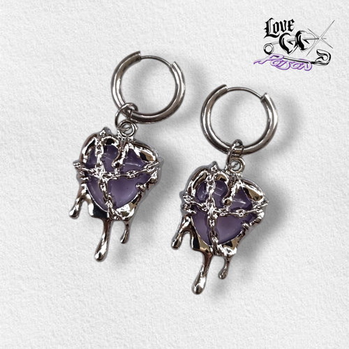 Stainless Steel Silver Hoop Earrings handmade with Purple Melted Ornate Heart