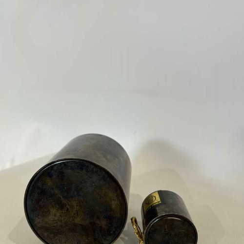 Vintage Black Peal metal vases set of 2 used with gold flower design