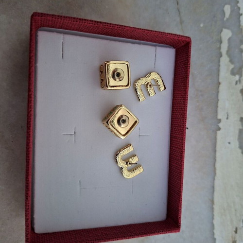 Gold Color Earrings with Letter M and Strass, Vintage Design, New