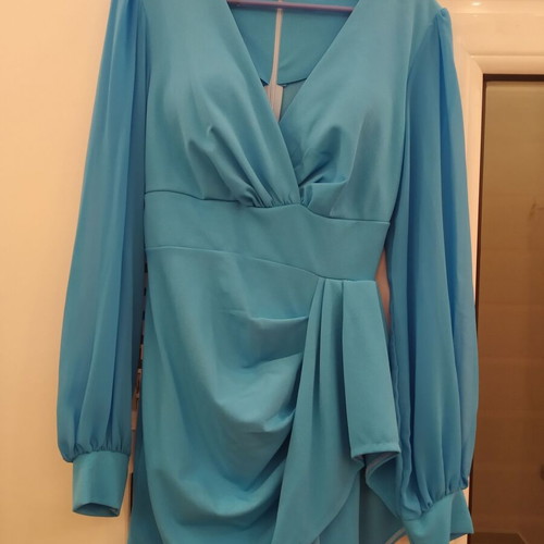 Dress elegant mini blue with transparent sleeve new, size S and M