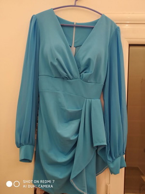 Dress elegant mini blue with transparent sleeve new, size S and M
