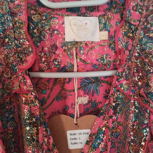 Pink coral dress with multicolor paisley and gold print, Large