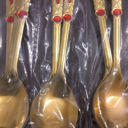 Dessert spoons new, pack of 12, gold with red