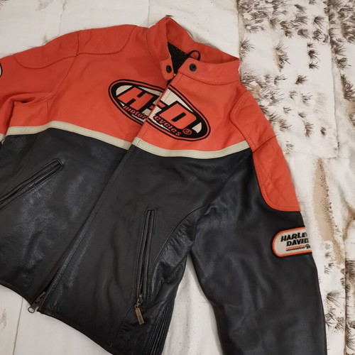 Harley-Davidson Genuine Leather Motorcycle Jacket, size S, black and orange
