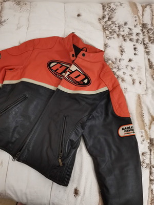 Harley-Davidson Genuine Leather Motorcycle Jacket, size S, black and orange