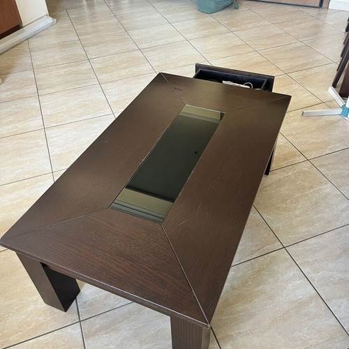 Coffee table with drawer and glass detail, dark brown wood