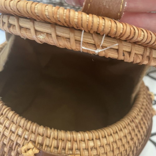Round Bamboo Rattan Bag with Long Brown Strap