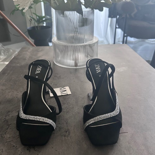 Zara Black High-Heeled Strappy Evening Sandals Size 38 New