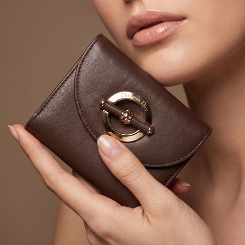 Christian Dior vintage brown leather wallet with gold clasp and pouch