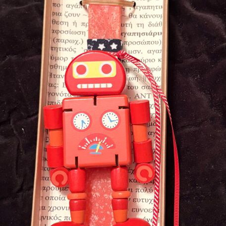 Easter candle with wooden robot figure new