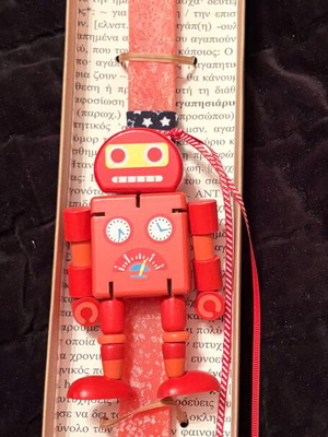 Easter candle with wooden robot figure new