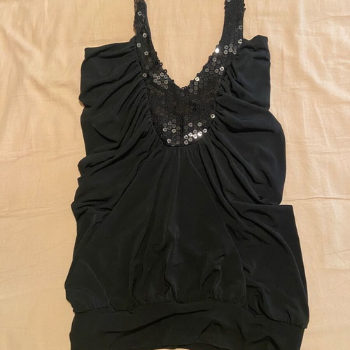 Black top blouse size S with sequins and gathers like new