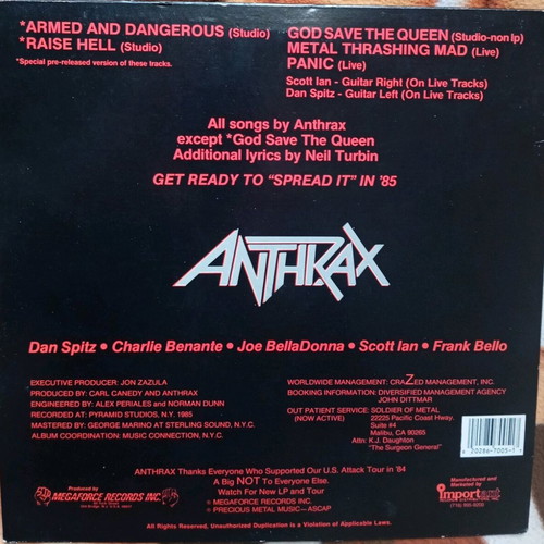 Anthrax Armed And Dangerous 1985 EP vinyl record like new