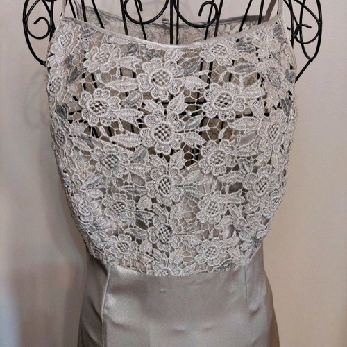 Formal long evening dress silver lace and satin small like new