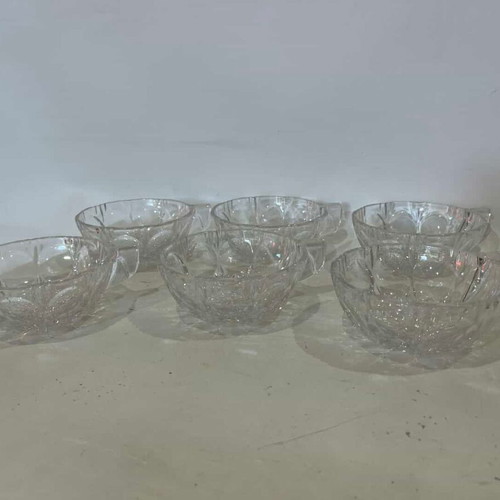 Vintage crystal bowls set of 6 with handles used, engraved designs
