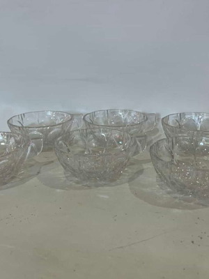 Vintage crystal bowls set of 6 with handles used, engraved designs