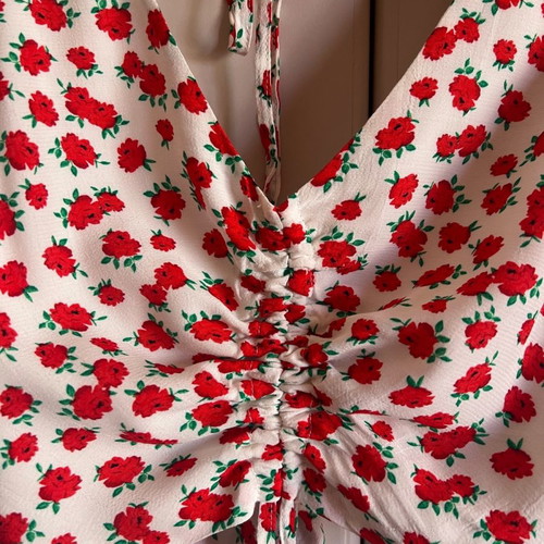 Floral blouse new with ruching, balloon sleeves and open back