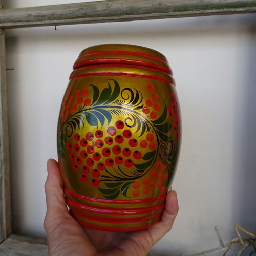 Khokhloma jars used, set of 7 wooden handmade vintage