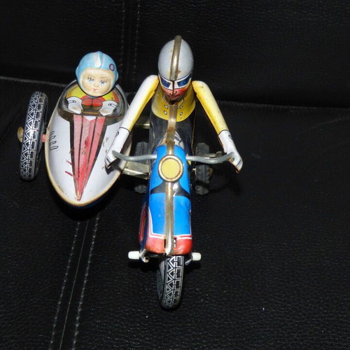 Vintage MS-709 China used wind-up tin toy motorcycle with sidecar