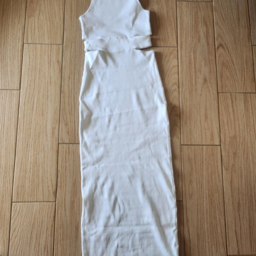 Zara cotton maxi dress with waist cutouts, white striped texture, new