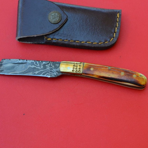 Damascus Custom Made Folding Tando Knife With Stain Bone Handle