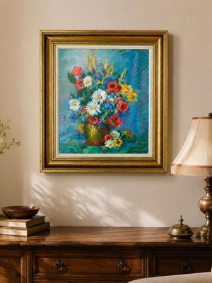 Oil Painting Still Life Flowers Signed, Belgium 1950s-60s, Original Frame