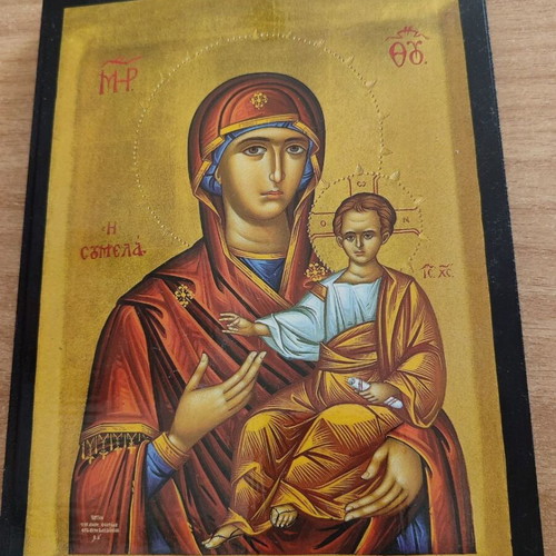 Wooden Byzantine Icon Panagia Soumela, 15x19.5 cm
