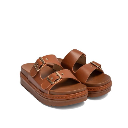 Flatform sandals with double buckle new, white and brown