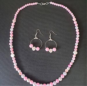 Handmade pink and white summer necklace and earings set