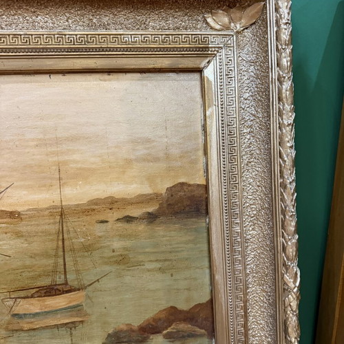 Φ. Παξινός ελαιογραφία με σκαλιστή χρυσή κορνίζα, θάλασσα με καράβια