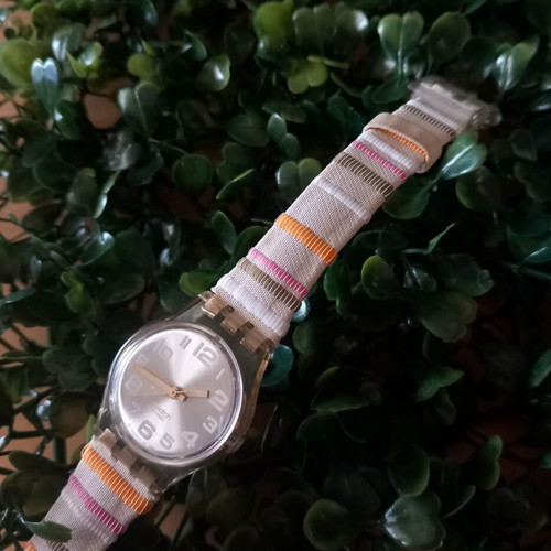 Swatch Vintage Women's Watch like new, silver dial, rainbow cloth band