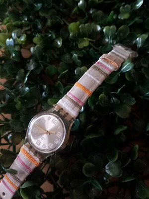 Swatch Vintage Women's Watch like new, silver dial, rainbow cloth band