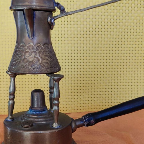 Vintage brass spirit lamp and carved coffee pot like new