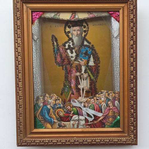 Religious icon Saint Athanasios and the Dormition of the Theotokos like new