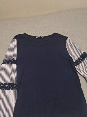Blue women's blouse with striped sleeves and lace like new