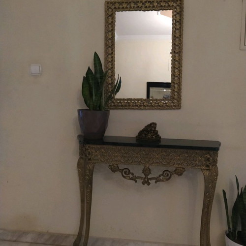Vintage brass gilt entryway furniture with marble top used