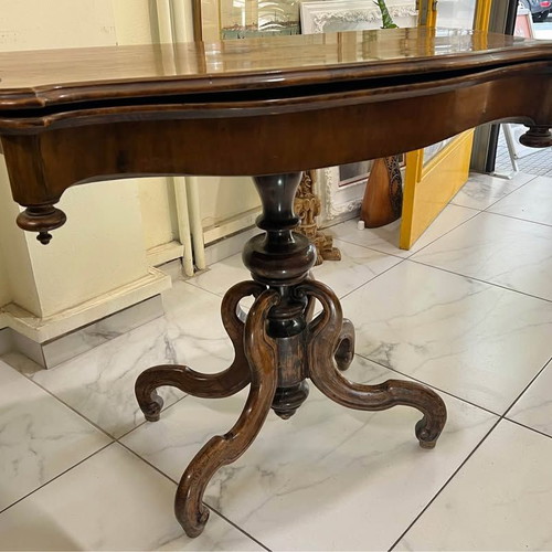 Antique table used, folding, solid walnut with storage space
