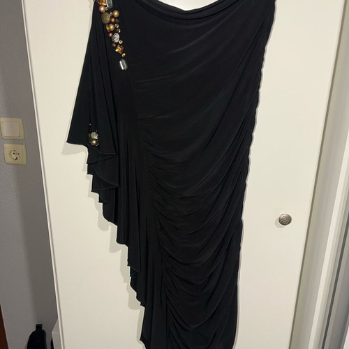 Black evening dress with draped design and metal details like new