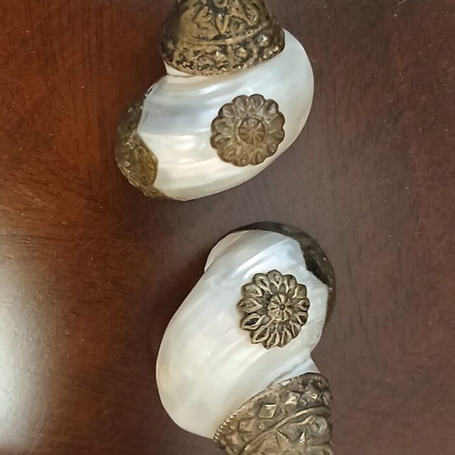 Tibetan natural shells set with alpaca overlay, handmade, vintage