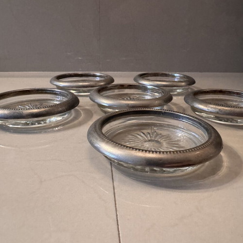 Glass coasters with silver plate border, set of 6, like new