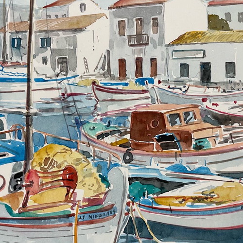 Watercolor by Giorgos Papadoperakis featuring Fishing Boats in passepartout