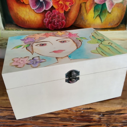 Wooden Frida Box with Painting and Pyrography New